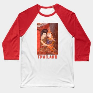 Antique Thai colorful temple mural of a young couple embracing in traditional period ceremonial clothing with the word Thailand featuring under the image. Baseball T-Shirt